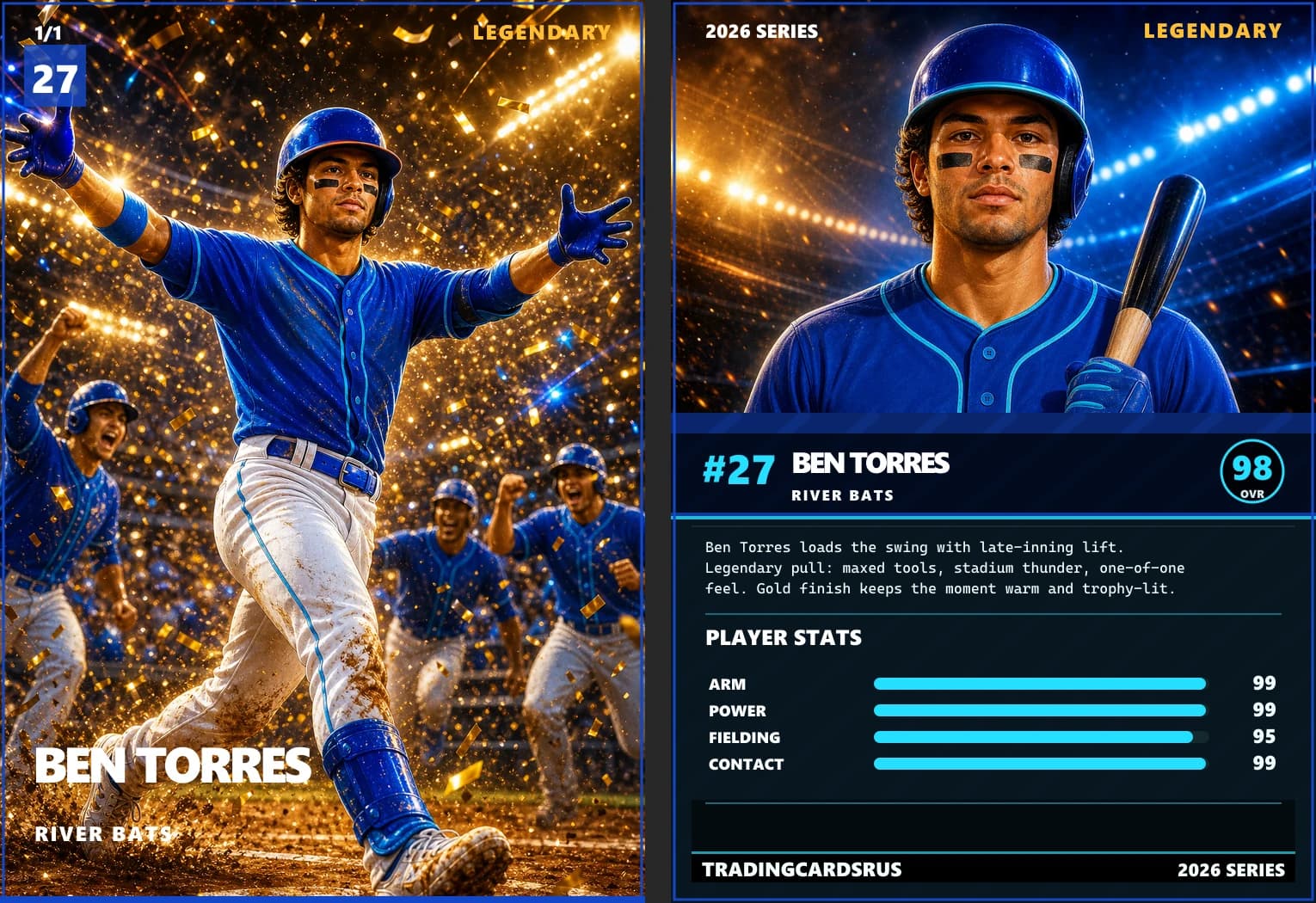 Legendary front-and-back custom card example for a holographic one-of-one